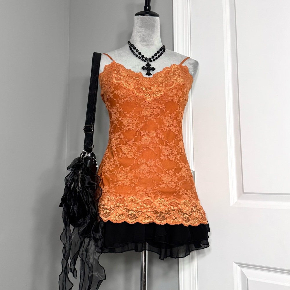 Y2K Studio Y Rustic Orange Floral Lace Trim Long Length Cami Tank